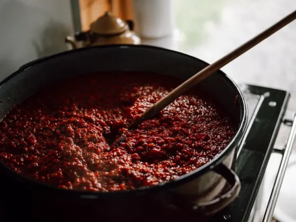 Homemade tomato sauce simmering in a pan