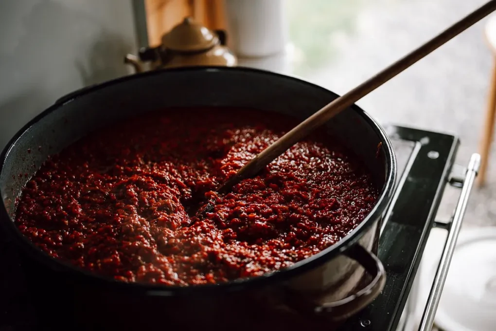 Homemade tomato sauce simmering in a pan