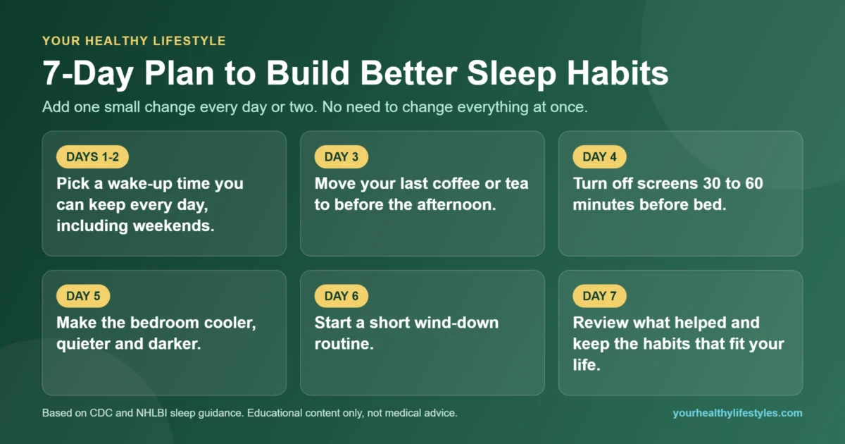 Sleep Habits for Adults: 8 Essential Tips From CDC, NIH 4 7-day plan infographic to build better sleep habits for adults