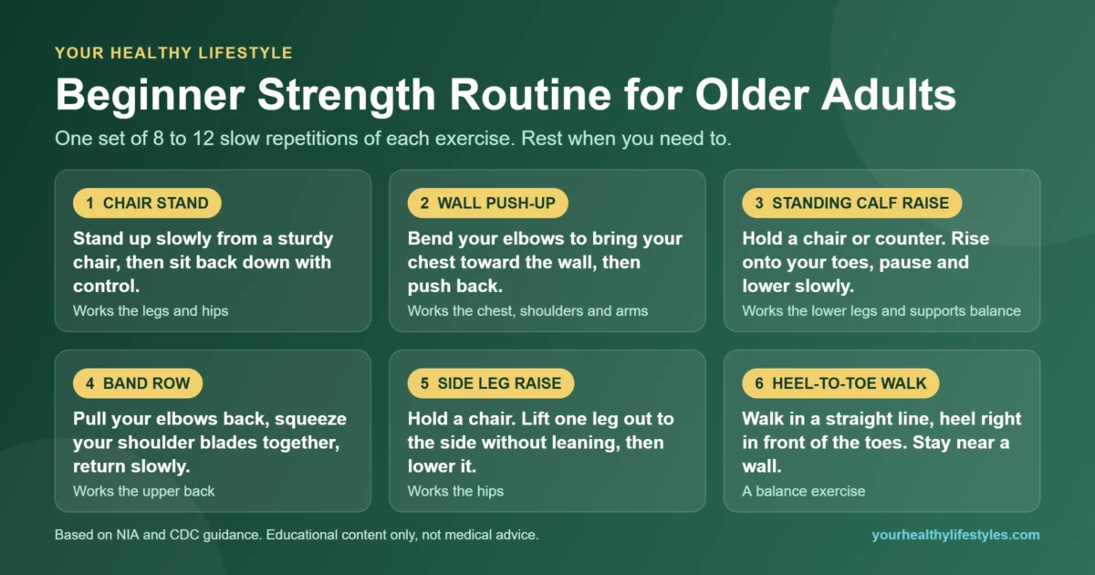 Strength training for older adults: beginner at-home routine infographic with six exercises
