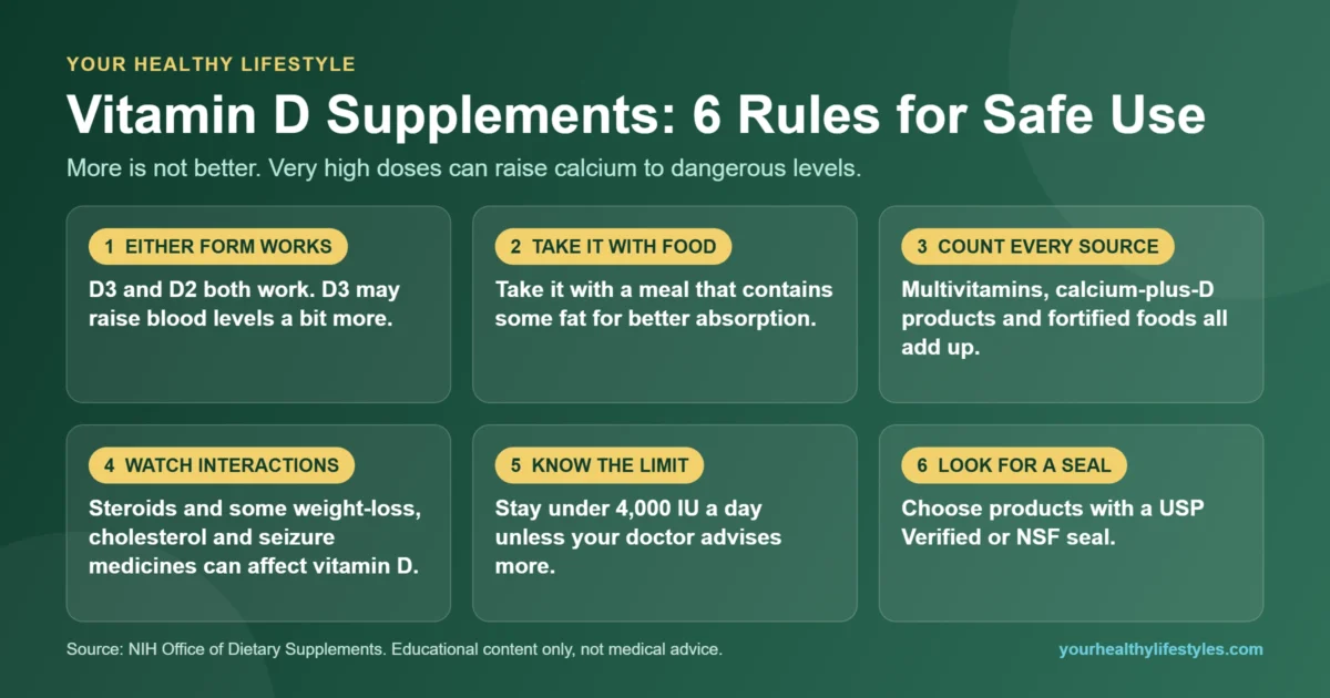 Vitamin D Guide: How Much You Need, Best Sources and Safe Supplement Use 4 Six rules for using vitamin D supplements safely